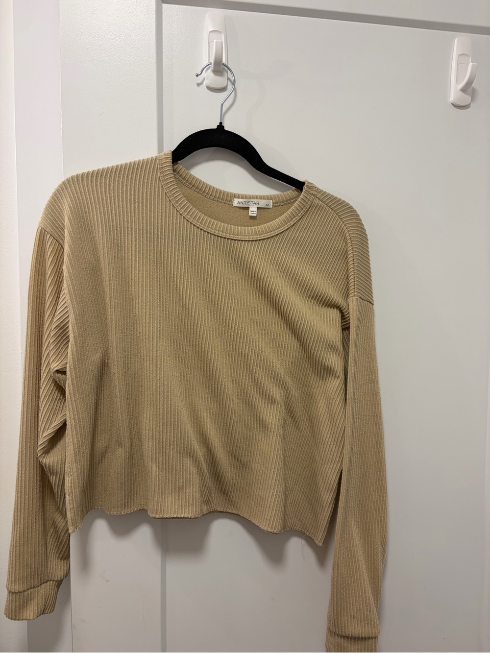 Antistar Long-Sleeve Ribbed Crop Top in Beige